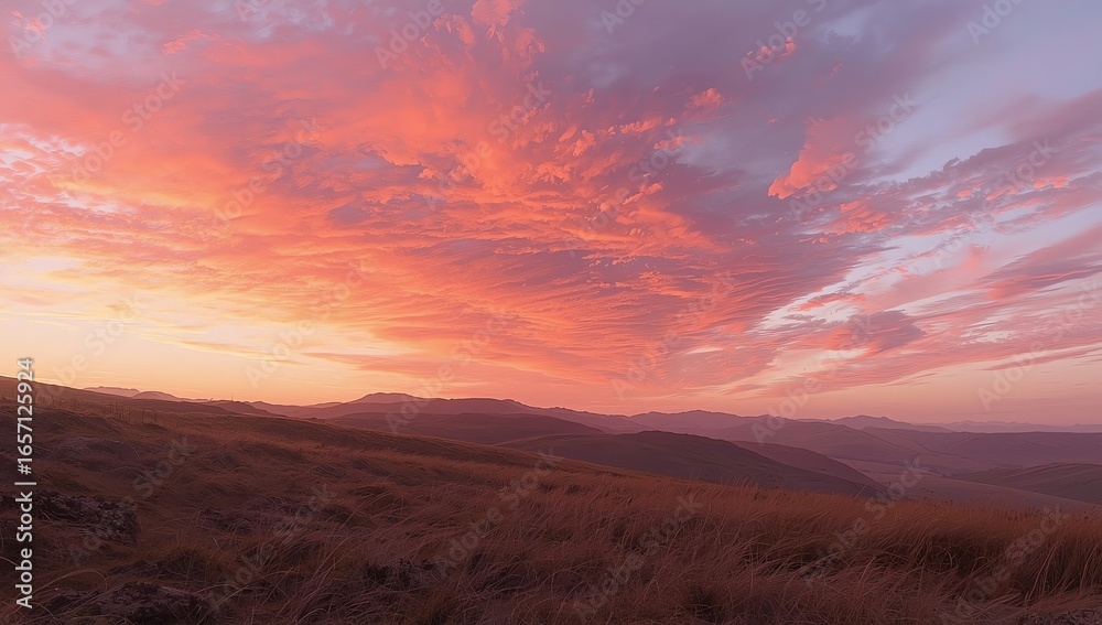 Obraz premium A breathtaking display of nature's artistry as a vibrant sunset paints the sky with fiery hues over a serene mountain landscape, evoking a sense of peaceful grandeur.