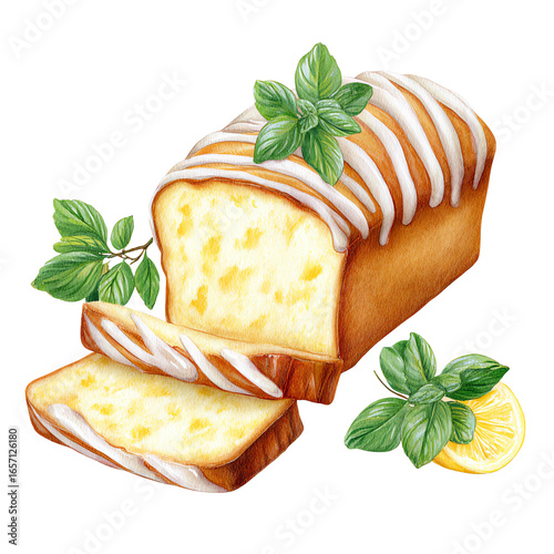 Watercolor painting of lemon pound cake with lemon slices and mint sprigs. Glazed loaf cake, delicious dessert