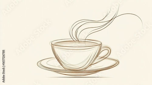 A minimalist line drawing of a steaming cup of coffee on a saucer, conveying warmth and comfort.