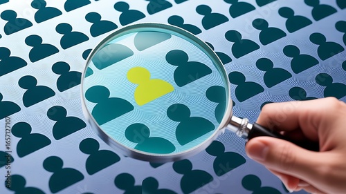 Magnifying glass focuses on a single unique person amidst a crowd, highlighting individuality and selection.