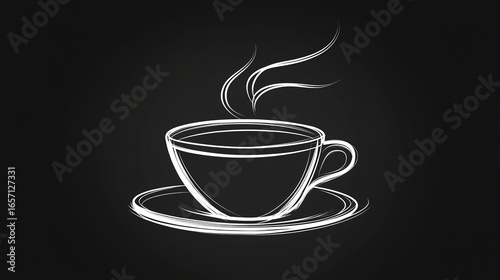 A simple, minimalist illustration of a steaming cup on a saucer against a dark background.