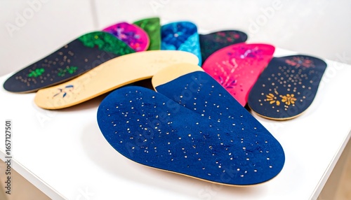 Assorted colorful orthopedic insoles displayed on a white surface, featuring intricate designs and a variety of hues.