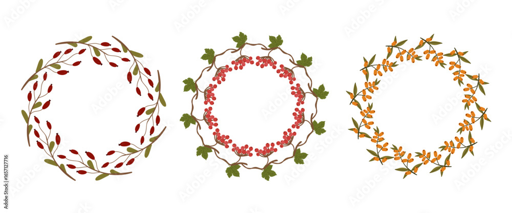 Fototapeta premium Three Vector Decorative Wreaths made of autumn berries and leaves. Fall graphics for holiday cards, templates, thanksgiving design. Leaf Flat illustration. Fall Poster template.