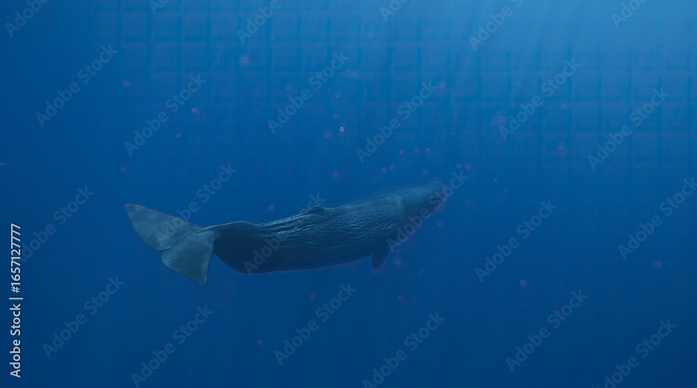 Fototapeta premium Sperm whale swimming underwater, massive marine mammal in natural habitat, freediver filming giant whale, stunning ocean wildlife scene, powerful moment of nature, beauty and freedom of ocean life