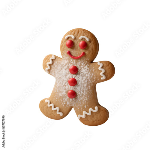 Gingerbread man cookie with icing and red candy eyes