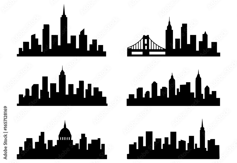 Naklejka premium Collection of diverse city skyline silhouettes with iconic landmarks silhouette