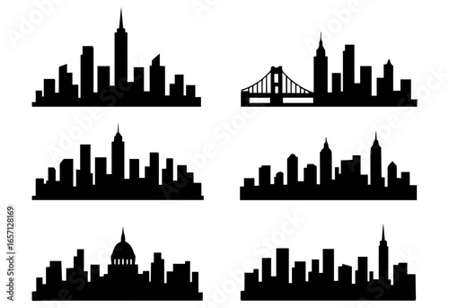 Collection of diverse city skyline silhouettes with iconic landmarks silhouette