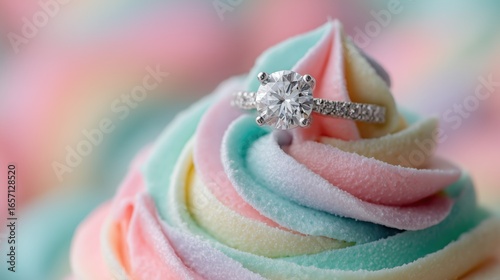 Diamond engagement ring on colorful pastel Cupcake swirl