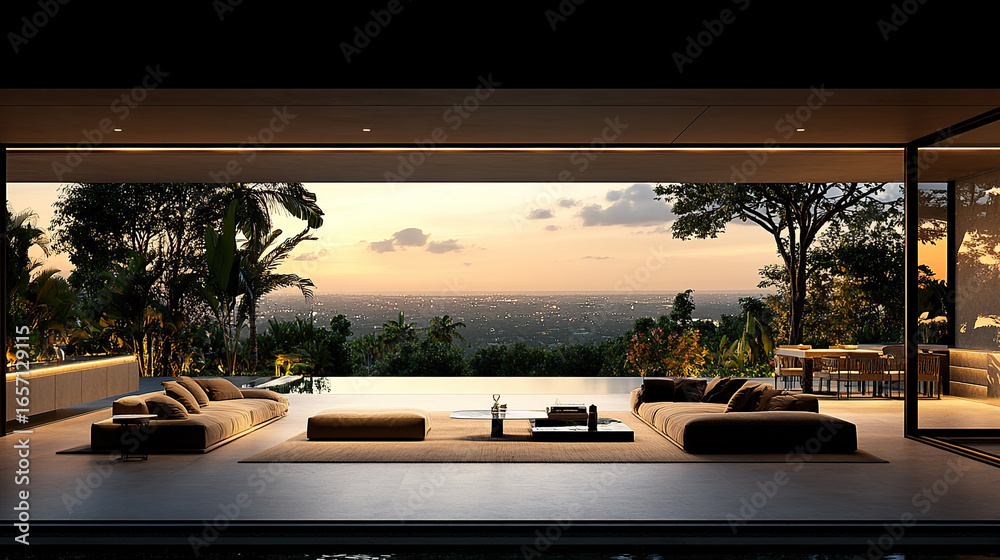 Fototapeta premium Modern open-plan home with infinity pool and panoramic views