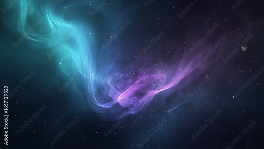 Naklejka premium Cosmic Nebula Swirls of Turquoise and Purple Glow in the Vastness of Space