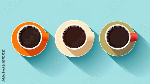 Three colorful coffee cups with shadows sit on a light blue surface, each filled with dark coffee, creating an inviting and cheerful atmosphere.