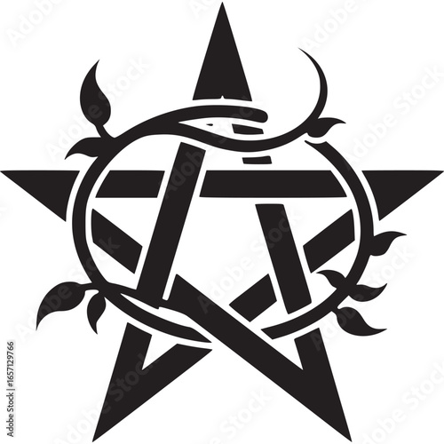 Mystical pentagram star with floral wreath isolated on white background, a symbol of magic, spirituality, and the occult arts