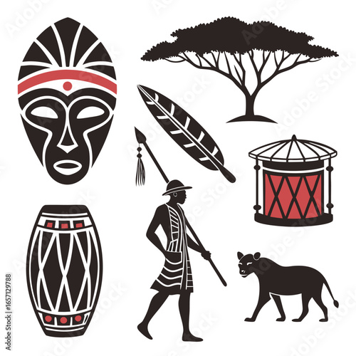 African cultural icon set featuring tribal symbols and designs