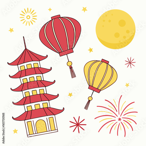 Chinese lantern festival sky themed icon set featuring 15 unique celestial and decorative illustrations for festive celebrations and cultural events