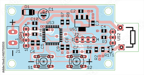 Vector printed circuit board of electronic 
device with components of radio elements, 
conductors and contact pads placed on pcb. 
Engineering technical drawing. Computer technic cad design.