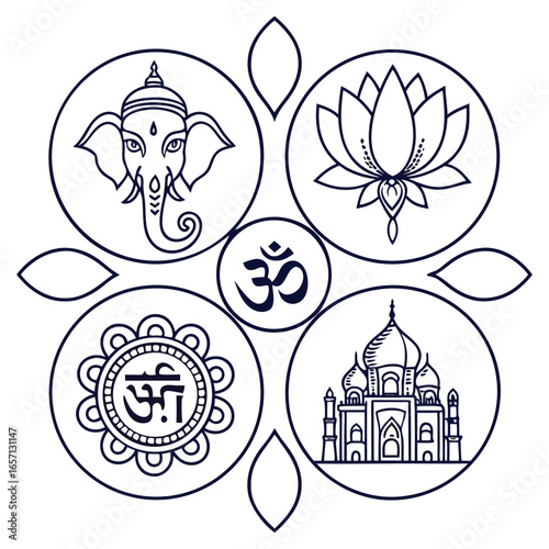 Hindu cultural icon set featuring ganesha and other deities and symbols for diverse design applications