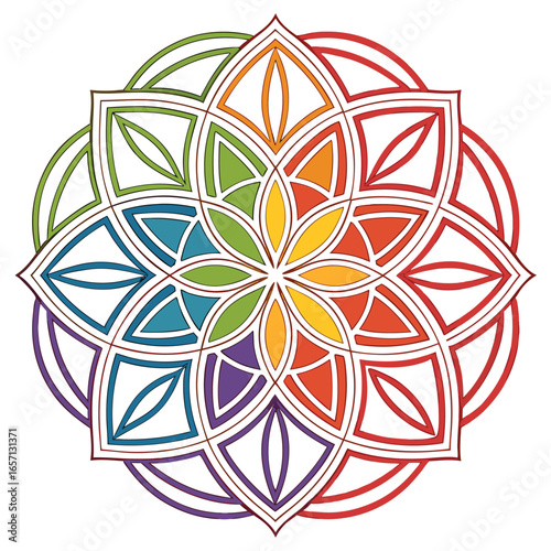 Vibrant mandala inspired geometric abstract design with radial symmetry and bold colors