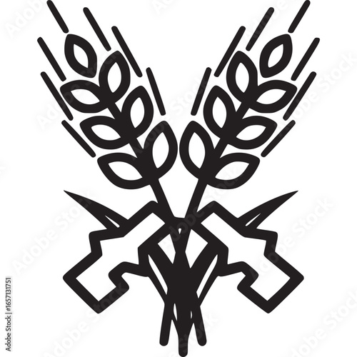 Minimalist vector illustration of crossed wheat ears with a simple design, isolated on white background, perfect for agriculture or food related designs