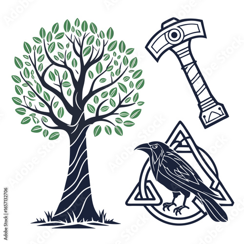 Norse mythology icon set featuring the valknut and other symbols for thematic design projects