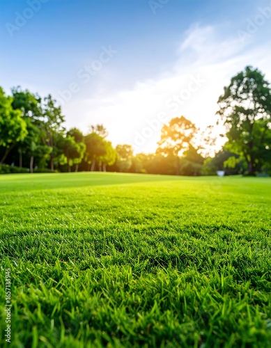 Lush green lawn under a vibrant sky
