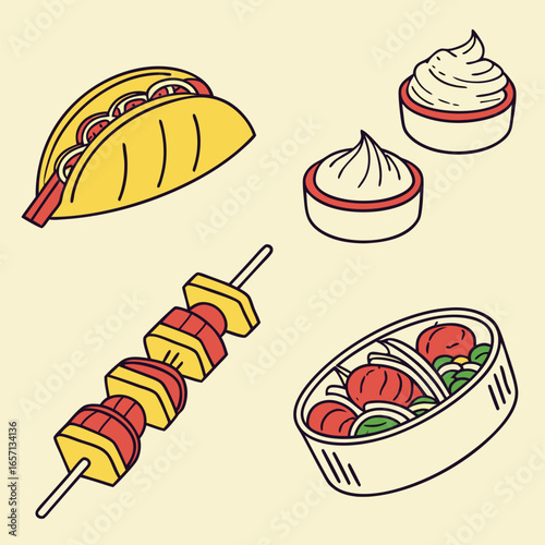 Cultural street food icon set featuring dumplings and diverse food items