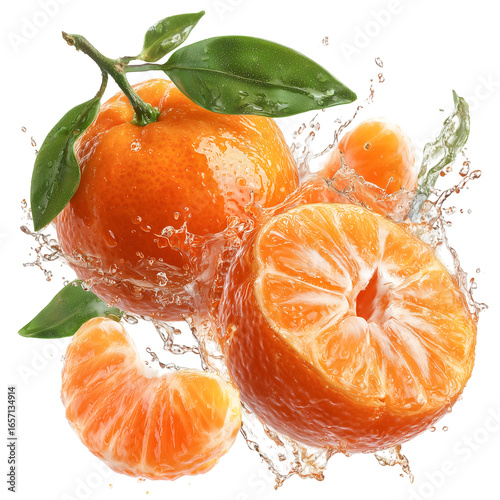 Fresh and juicy tangerines with water splash isolated on transparent background, a vibrant and refreshing citrus fruit, perfect for a healthy snack