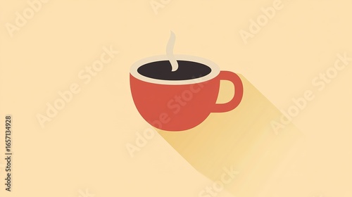 A minimalist illustration of a red coffee cup with steam rising, set against a soft beige background.
