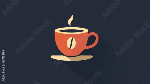 A stylized illustration of a coffee cup with steam, featuring a coffee bean design, set against a dark background.