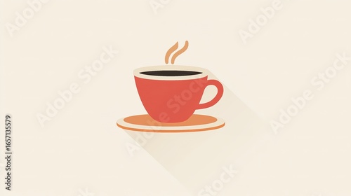 A simple, modern illustration of a red coffee cup with steam rising, placed on a saucer against a light background.