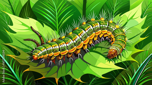 Detailed macro shot of a spiky caterpillar resting gracefully on vibrant green leaf surface, intricate textures highlighted, natural curves unfolding, vivid tones glowing softly, capturing delicate be