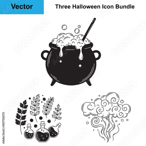 Black Magic Cauldron Potion Ingredients Smoke Cloud Silhouette Halloween Vector Bundle