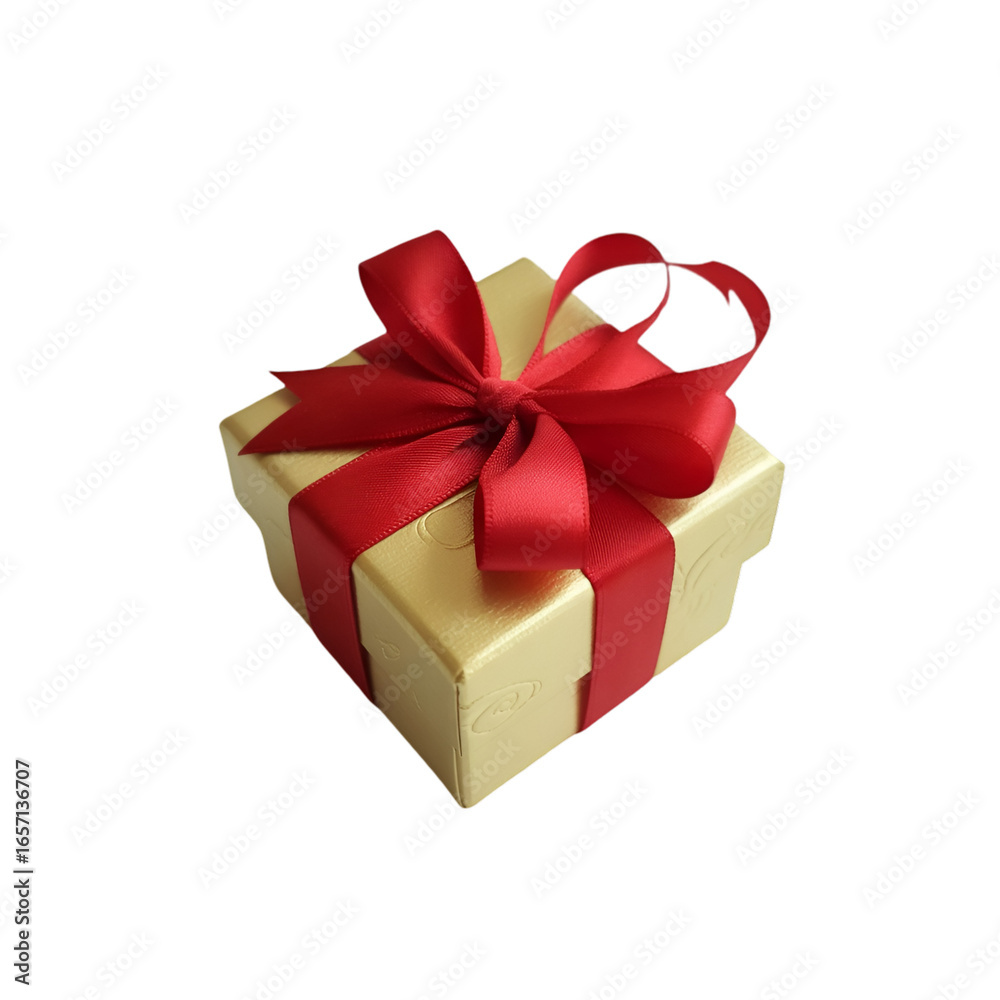 Fototapeta premium Gold gift box with red ribbon and bow on black background