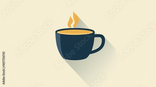 A minimalist illustration of a steaming cup of coffee with a dark blue mug against a light background.
