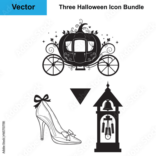 Fairy Godmother Pumpkin Carriage Glass Slipper Midnight Bell Silhouette Halloween Vector Bundle