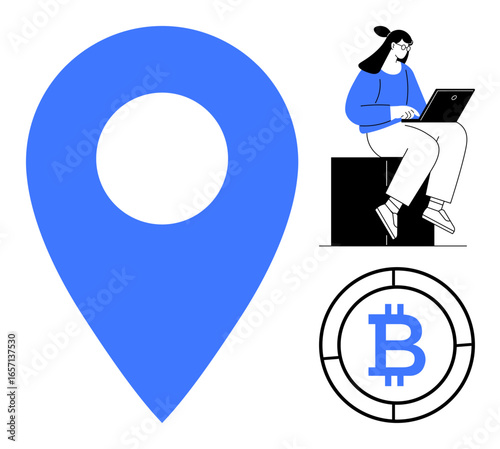 Woman working on a laptop, large map pin symbol, Bitcoin coin sign. Ideal for remote work, cryptocurrency, connection, navigation, finance innovation decentralized economy. Simple flat metaphor