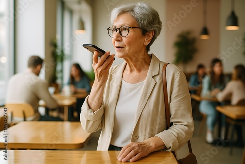 Elderly woman using voice command on smartphone in modern cafe, concept of technology and communication
