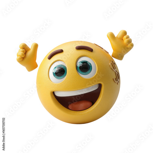 Animated smiley face with raised thumbs, celebrating a financial gain