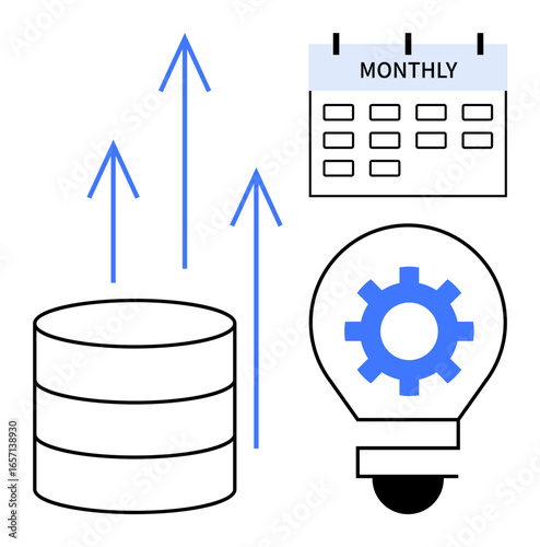 Database growth illustrated by upward arrows, monthly calendar symbolizing planning, and a gear light bulb for innovation. Ideal for analytics, planning, strategy, innovation, growth, productivity