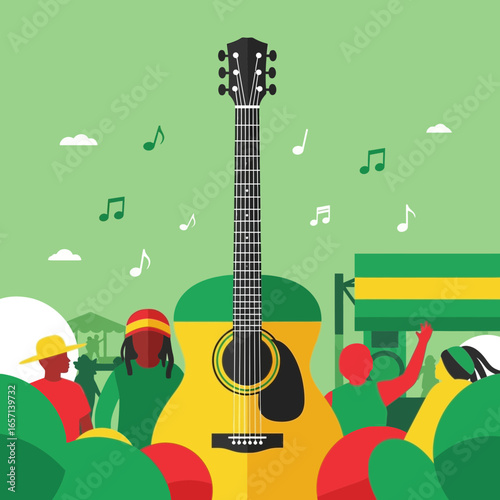 Large acoustic guitar at an outdoor music festival with cheering crowd.