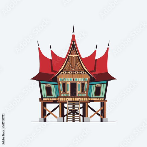 Traditional stilted house with ornate red roof and wooden structure.