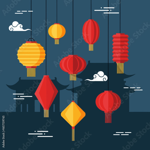 Colorful hanging lanterns illuminate a traditional building silhouette.