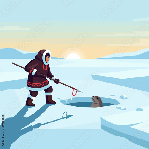 Person fishes through ice in a cold, snowy landscape.