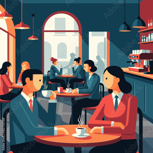 People conversing and drinking coffee inside a modern cafe.