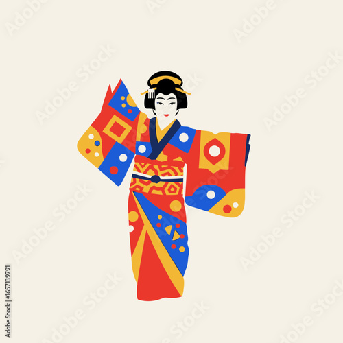 Woman in colorful traditional Japanese kimono and elaborate hairstyle.