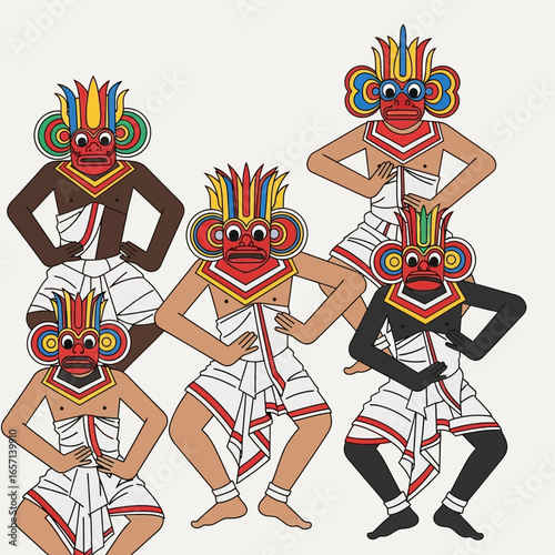Five figures in colorful masks and traditional attire dance.