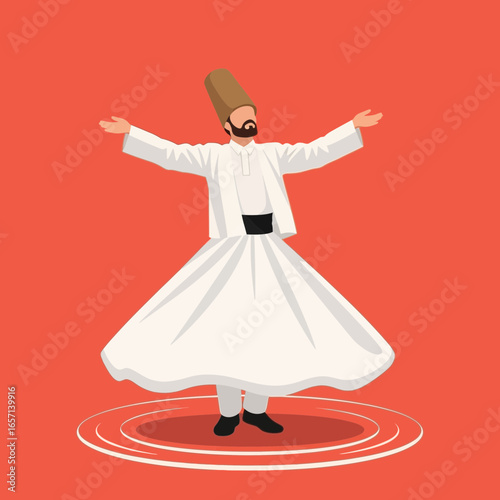 Dervish in white robe spinning with arms outstretched on red background.