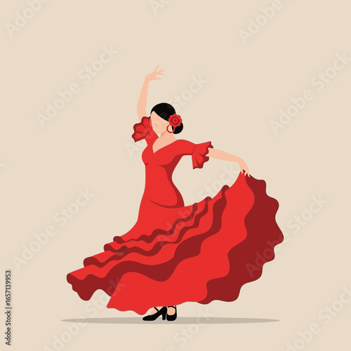 Woman in a flowing red dress dancing with arms outstretched.