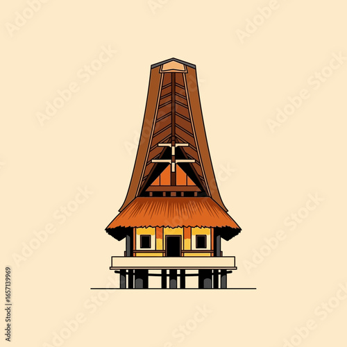 Traditional house with a distinctive tiered roof on stilts.