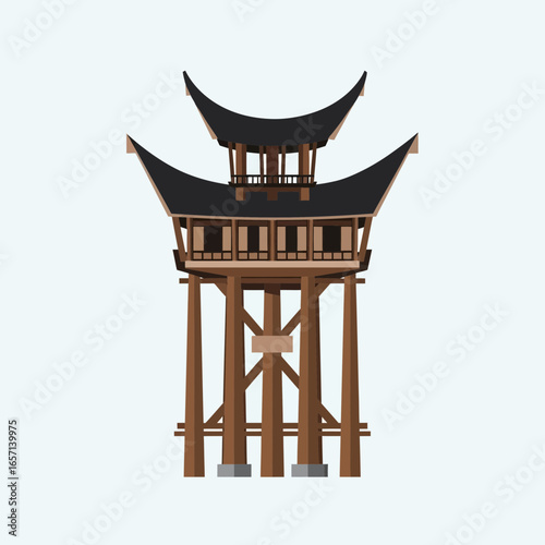 Traditional wooden building on stilts with curved roofs.