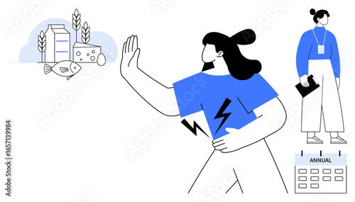 Woman gesturing refusal towards milk, cheese, and fish with focus on dietary restrictions. Secondary figure holding planner emphasizes organization. Ideal for health, awareness, intolerance